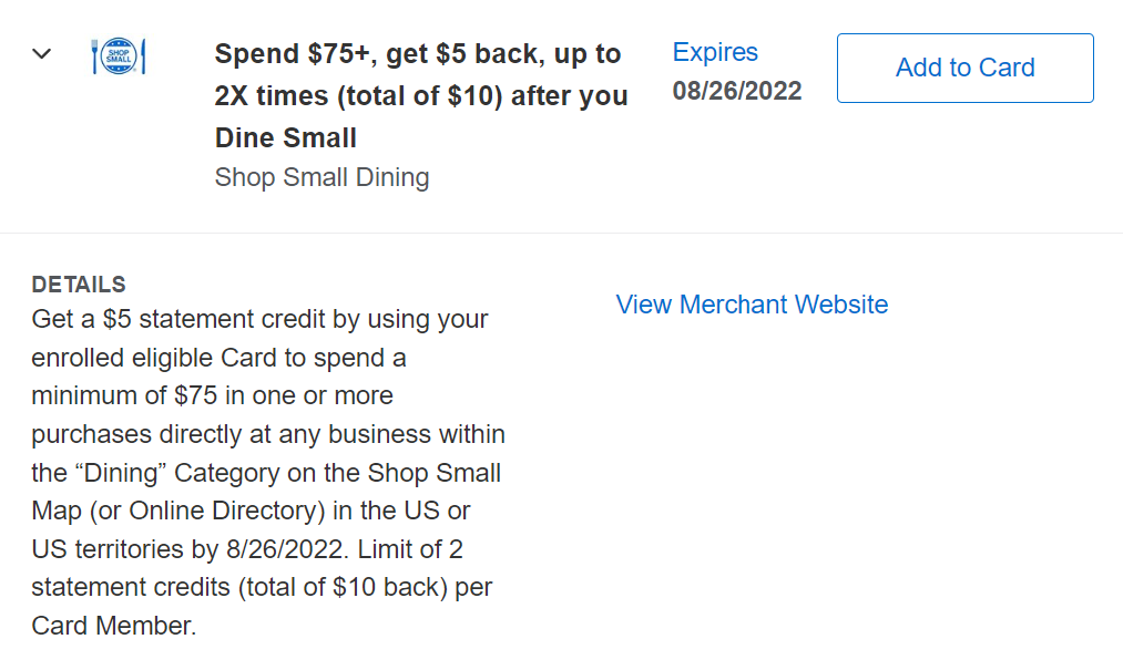 Shop Small Dining Amex Offer Spend $75 Get $5