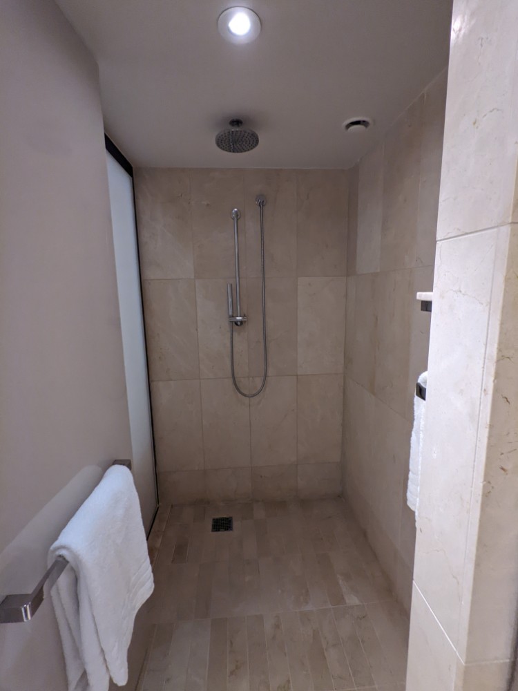 a shower with a shower head and a towel from the ceiling