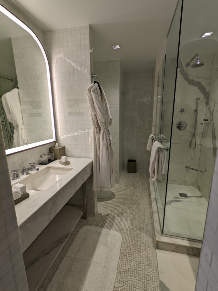 a bathroom with a shower and a bathrobe