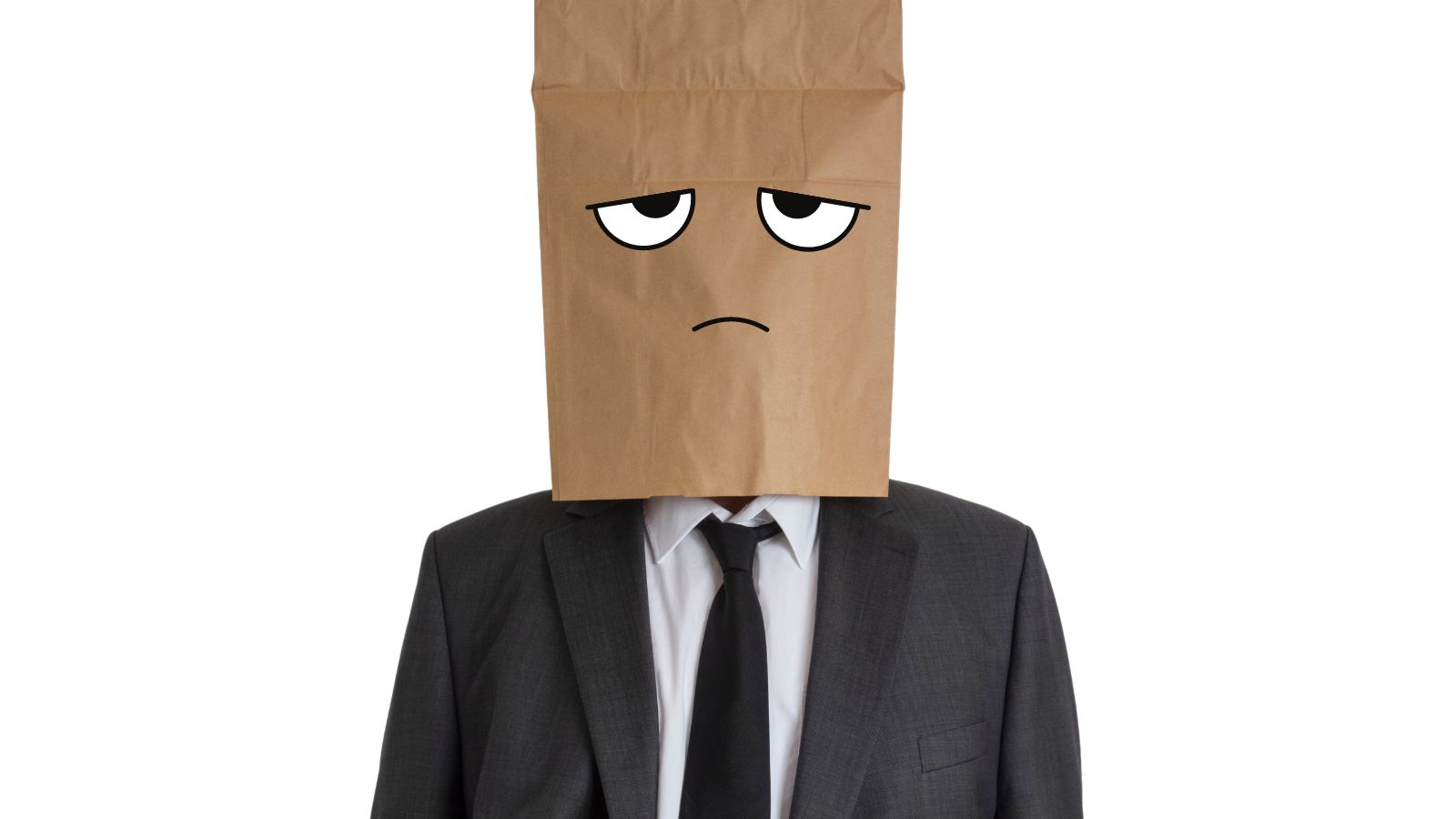 a man wearing a suit and tie with a paper bag over his head