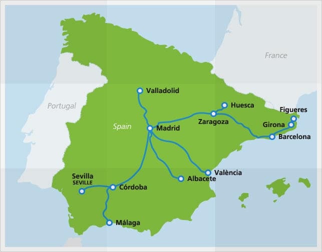 a map of spain with a route