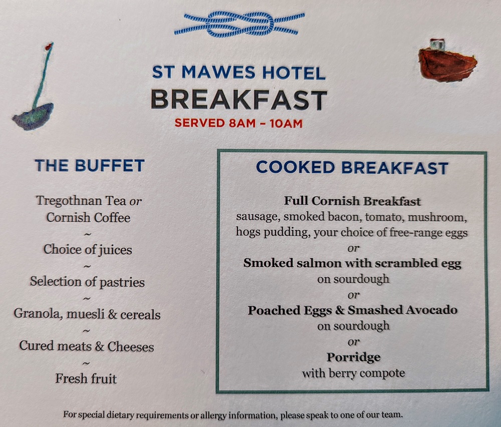 St Mawes Hotel Mr & Mrs Smith IHG - Breakfast menu