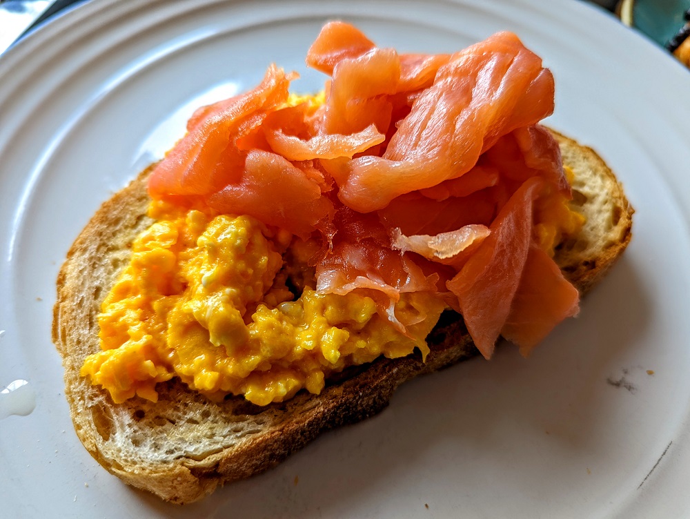 St Mawes Hotel Mr & Mrs Smith IHG - Smoked salmon with scrambled eggs on sourdough toast
