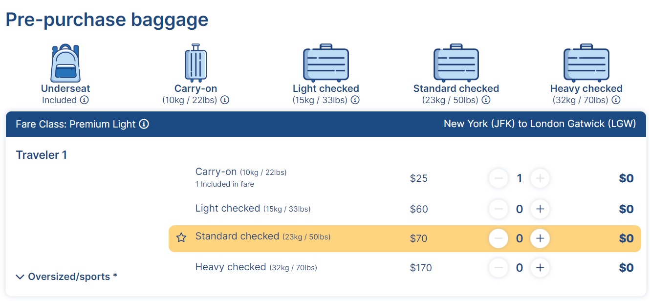 Norse Atlantic Airways baggage pricing