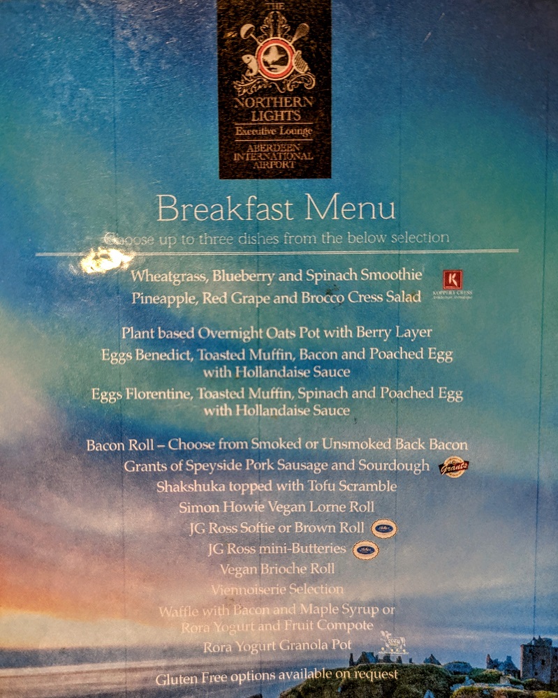 Northern Lights Executive Lounge breakfast menu