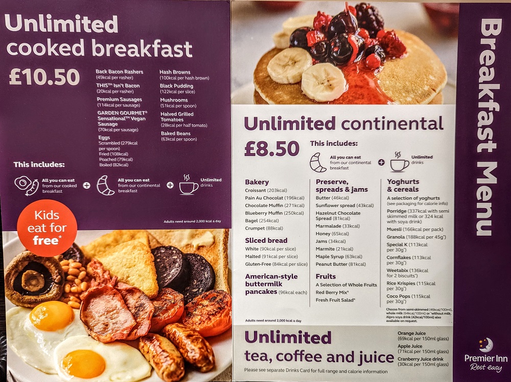 Premier Inn breakfast menu