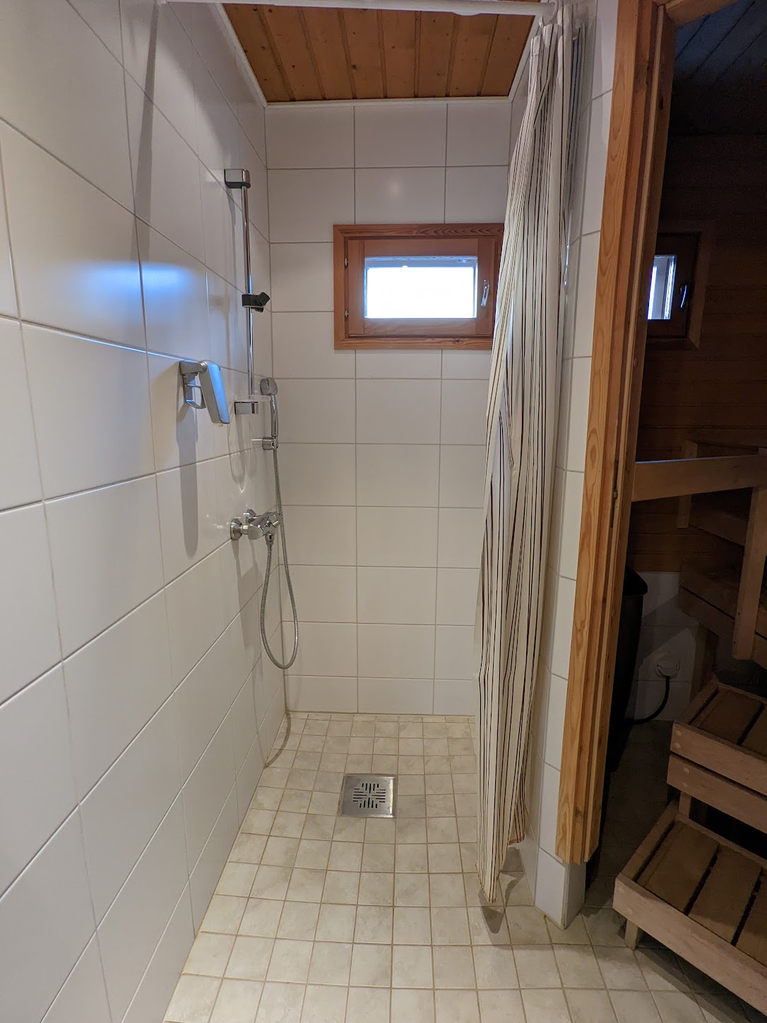 a shower with a shower head and a window