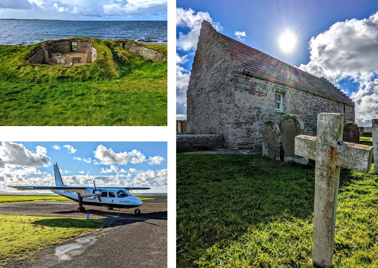 a collage of a stone building and a plane
