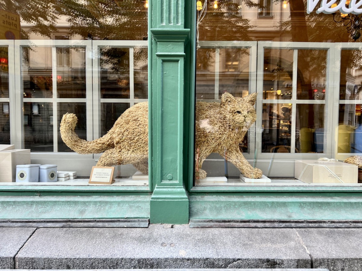a cat statue in a store window