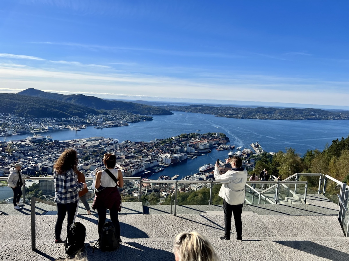 people standing on a stairway overlooking a city and water
