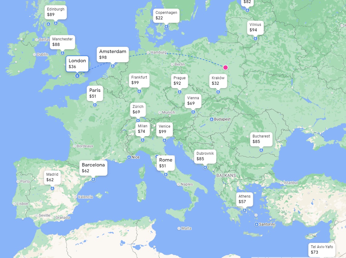 a map of europe with white labels