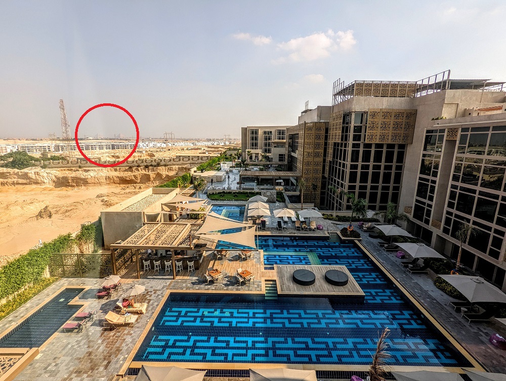 Hyatt Regency Cairo West - Distant view of the Pyramids of Giza (circled)