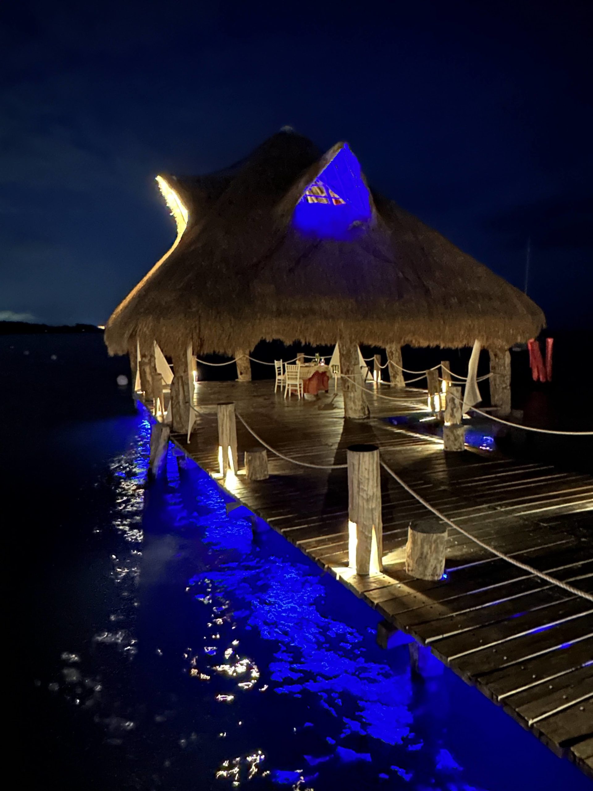 a thatched roof on a dock at night