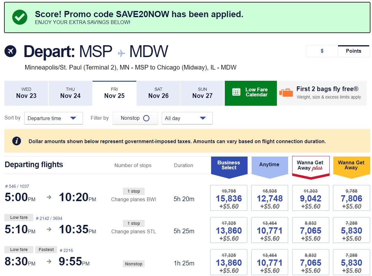Southwest promo code SAVE20NOW example 2