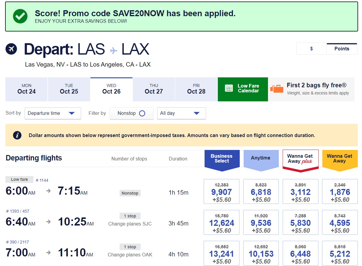 Southwest promo code SAVE20NOW example