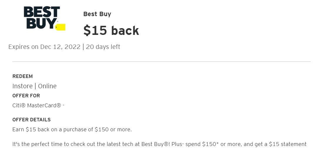 Best Buy Citi Offer Spend $150 Get $15