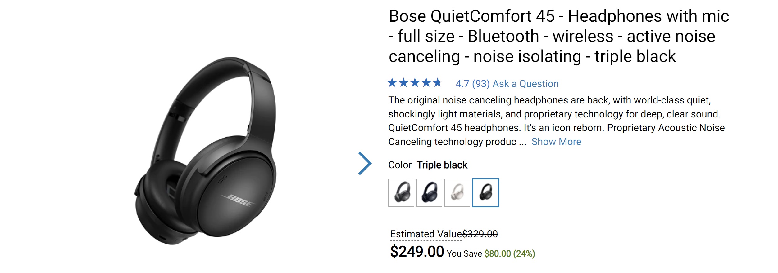 $249 at Dell: Bose QuietComfort 45 bluetooth active noise cancelling headphones