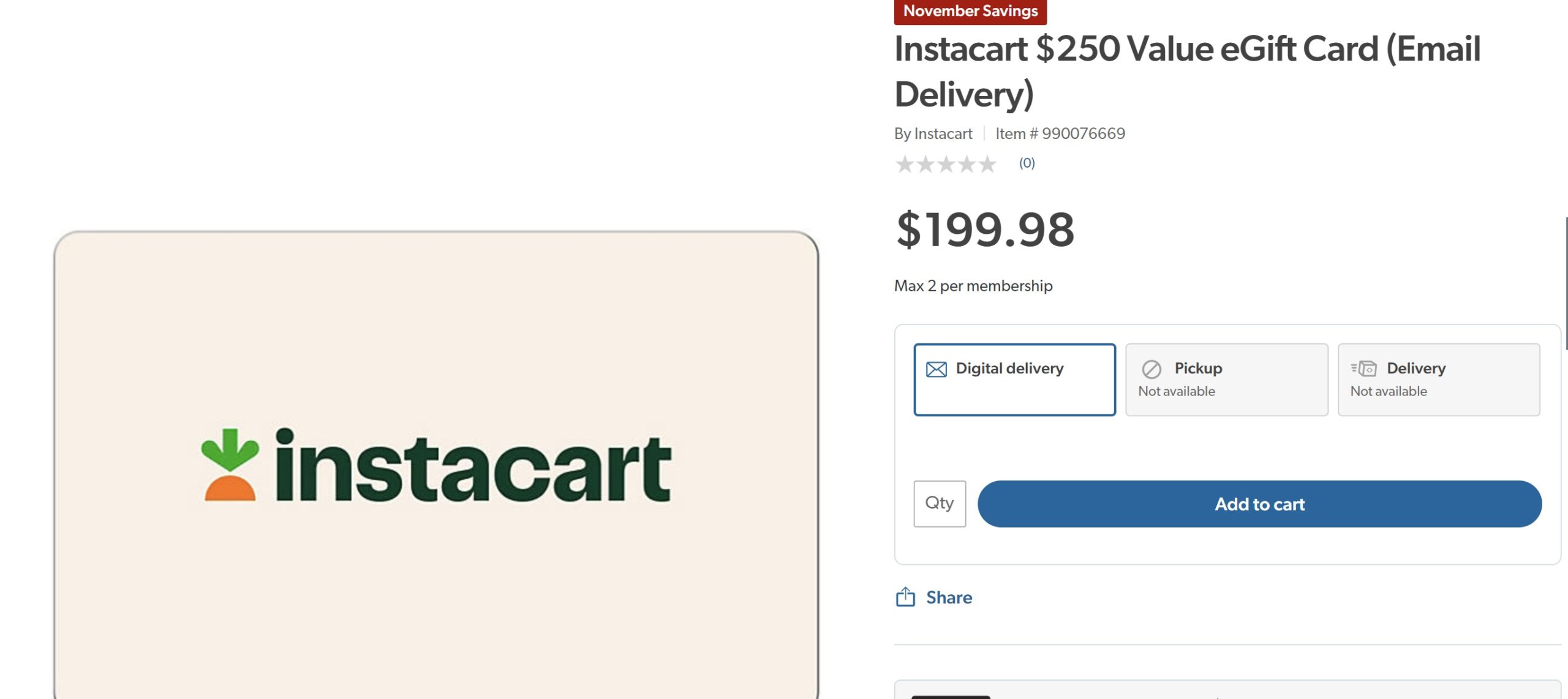 EXPIRED) $250 Instacart gift cards for $ at Sam's Club online