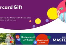 a purple and yellow gift card with text and colorful circles