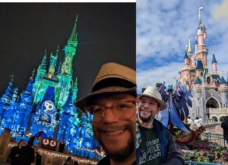 a man taking a selfie in front of a castle