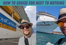 a man in a hat and sunglasses next to a cruise ship