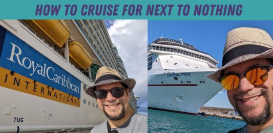 a man in a hat and sunglasses next to a cruise ship