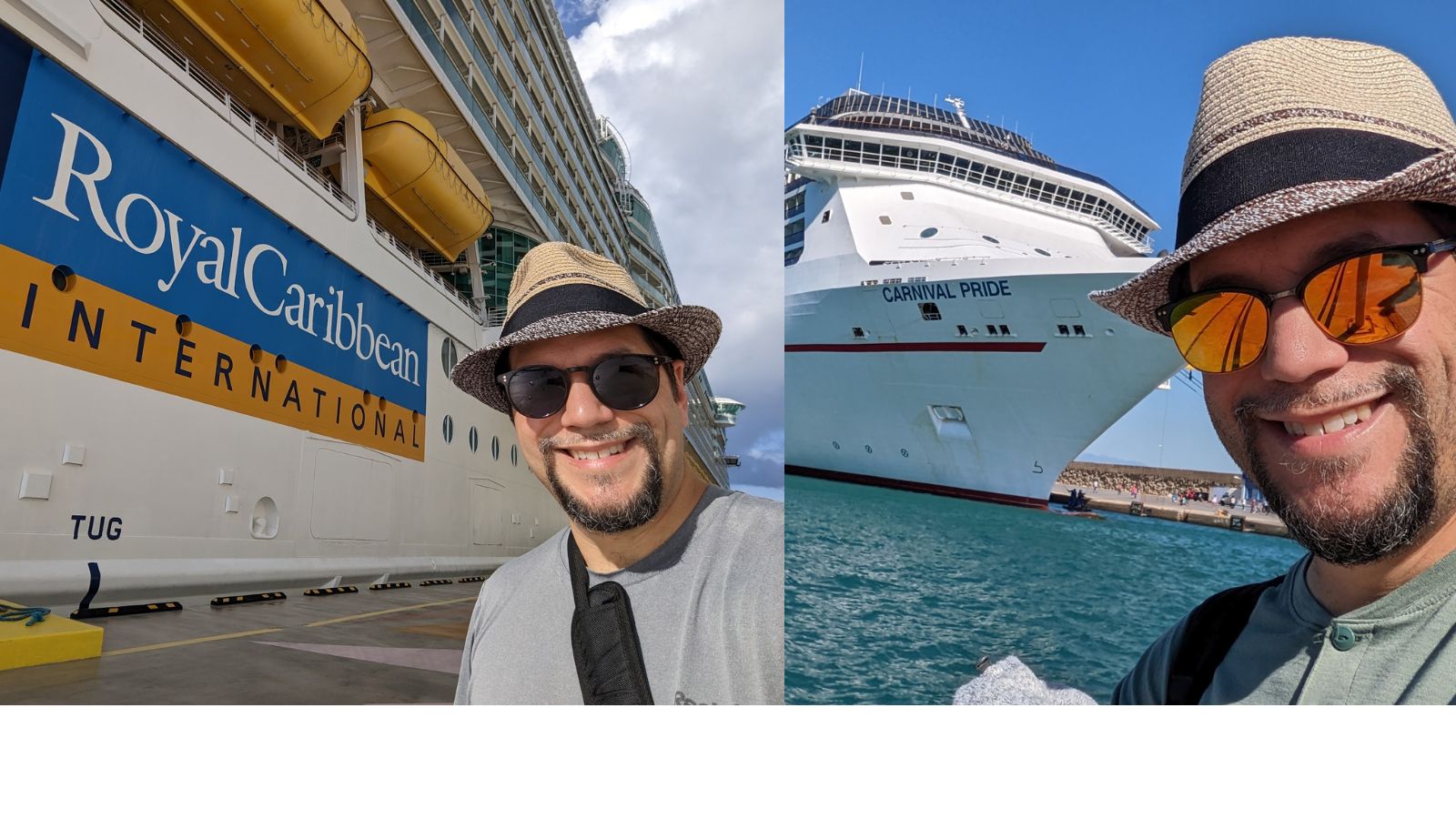 a man taking a selfie in front of a cruise ship