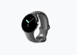 a smart watch with a black circle on it