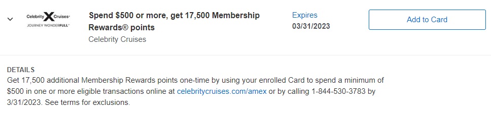 Celebrity Cruises Spend $500 Get 17,500 Membership Rewards