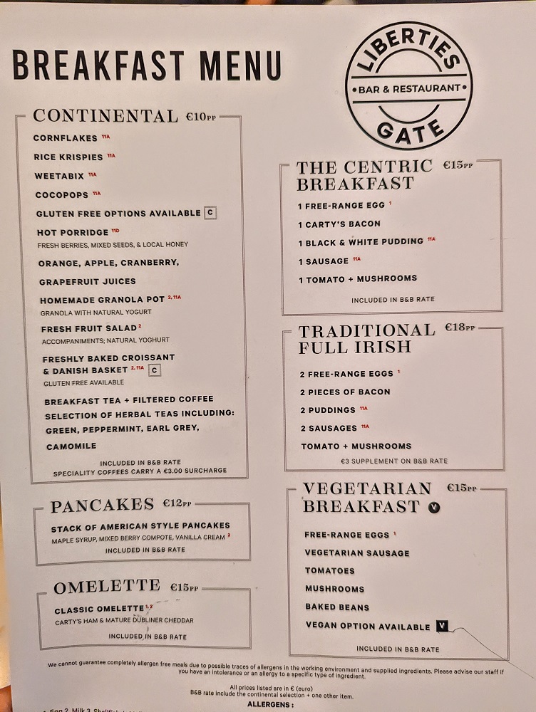 Hyatt Centric The Liberties Dublin - Breakfast menu