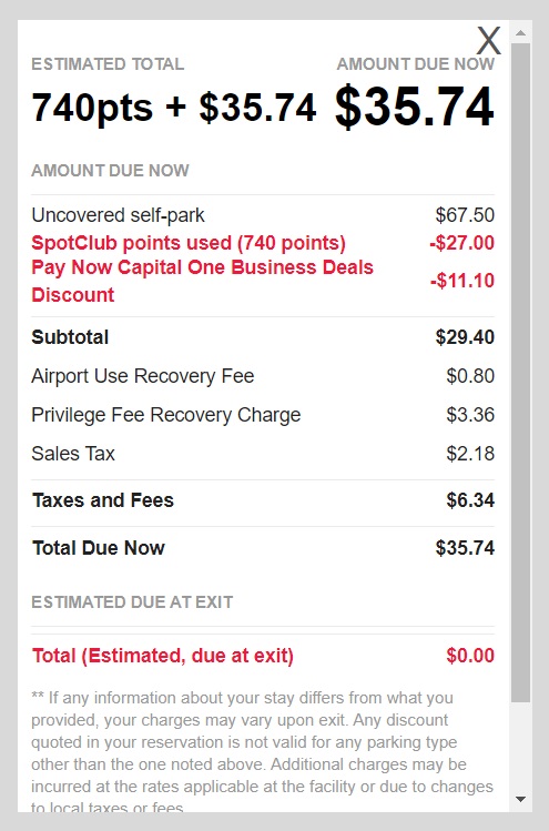 TheParkingSpot pricing breakdown when using points
