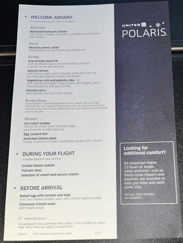 a menu of a flight