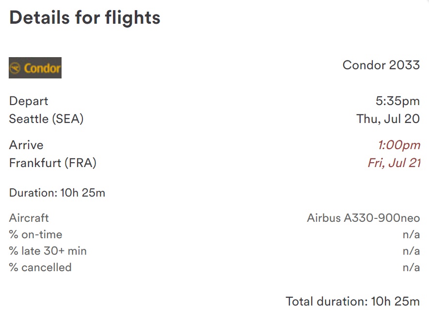 Alaska Airlines Condor SEA-FRA business class July 2023 A330-900