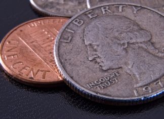 a close up of coins