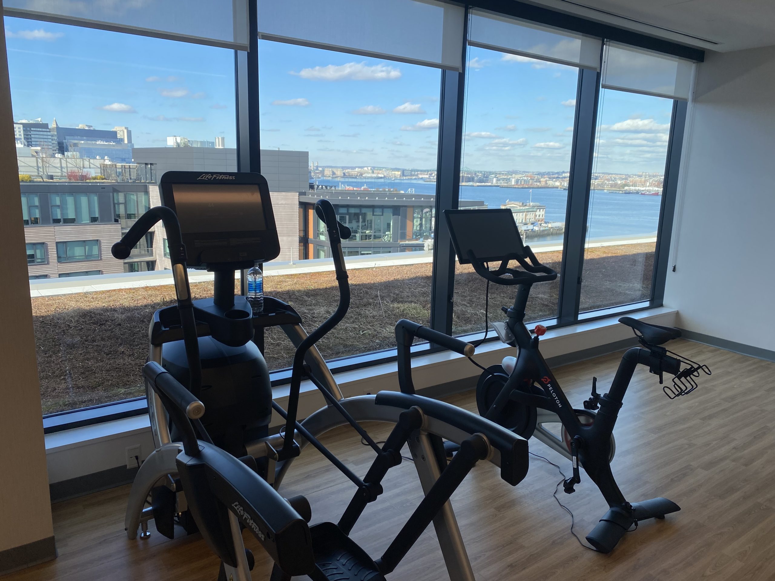 a exercise bikes in a room with windows