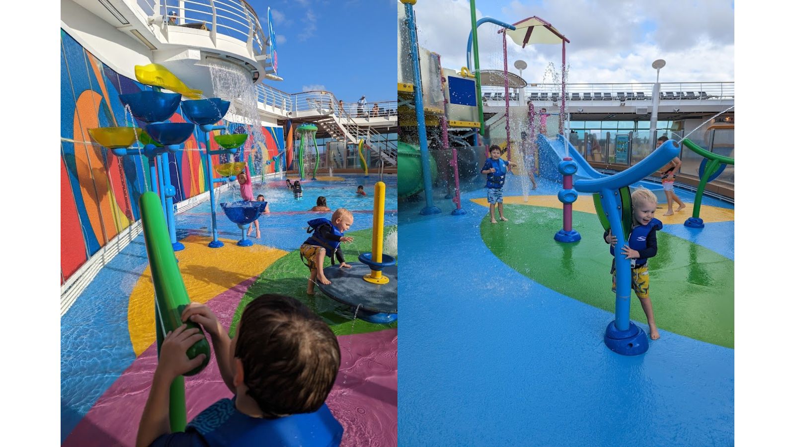 a collage of a child playing in a water park