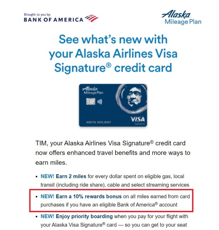 10 bonus miles on Alaska cards with qualifying Bank of America account
