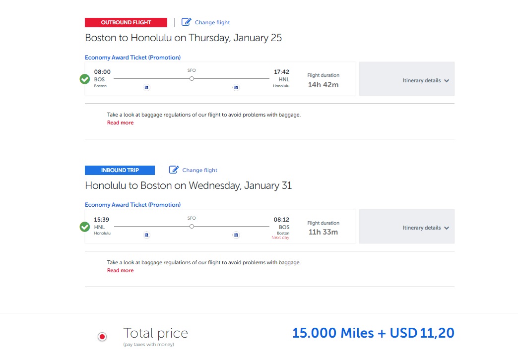 15,000 miles for a round trip flight from Boston to Hawaii with Turkish Miles