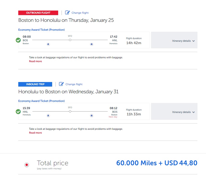 Round trip flight example for 4 passengers from Boston to Hawaii using 60K Turkish miles.