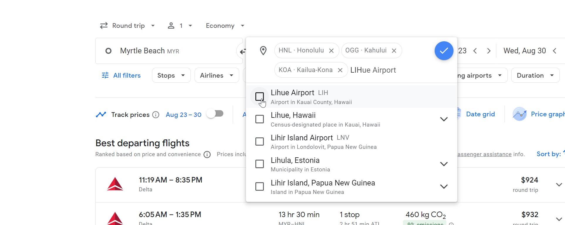 Selecting multiple airports in Hawaii to search via Google flights