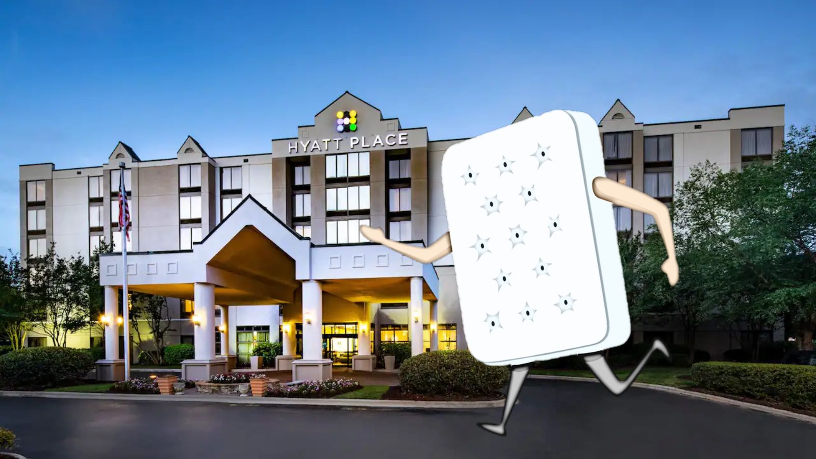 a cartoon character walking in front of a hotel