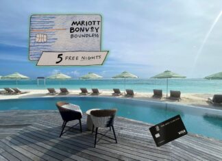 a pool with chairs and a credit card