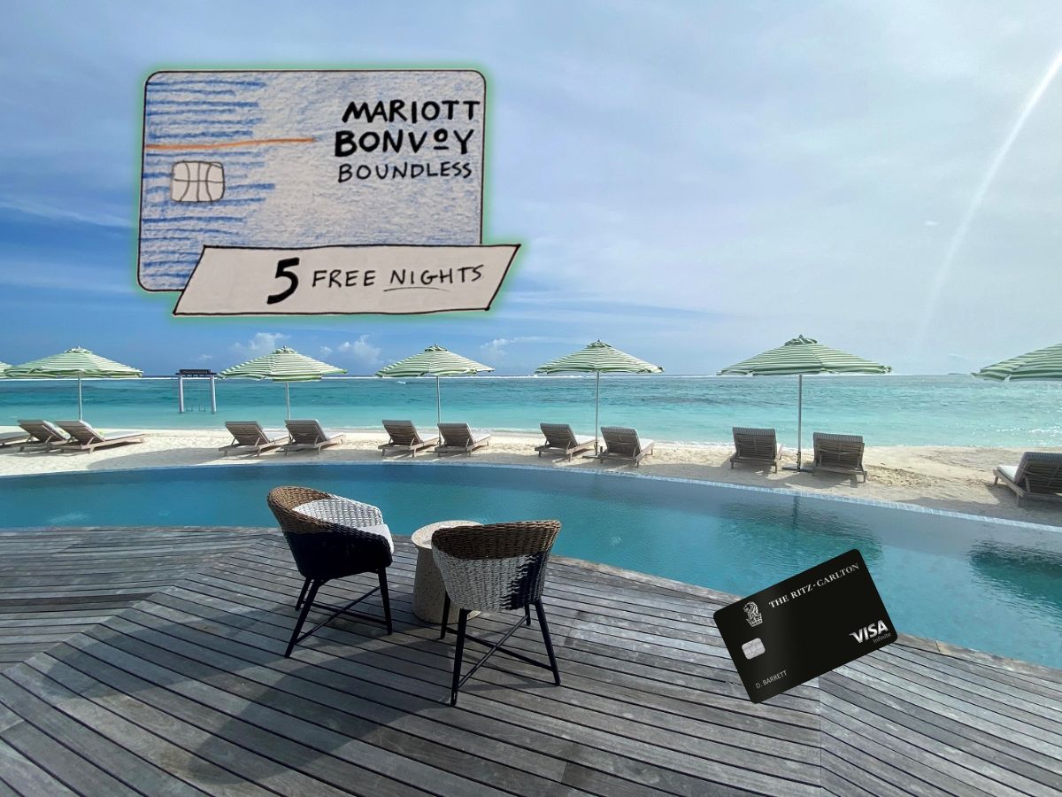 a pool with chairs and a credit card