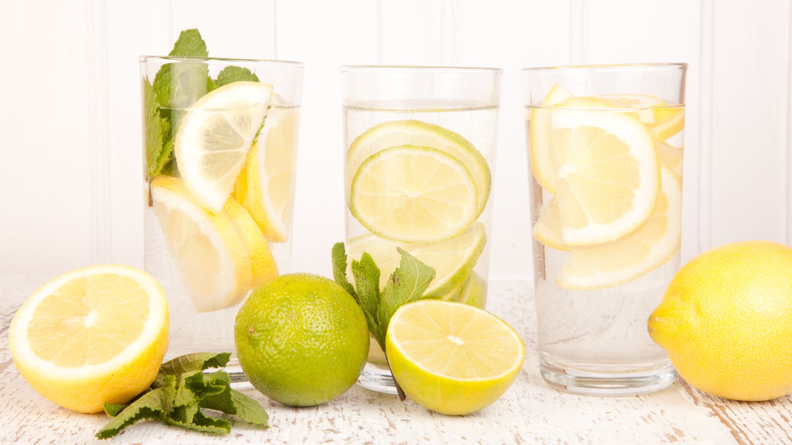 a group of glasses with water and lemons