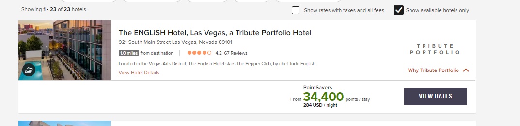 The English Hotel Las Vegas search result in Marriott Bonvoy website showing 34,400 points per night.