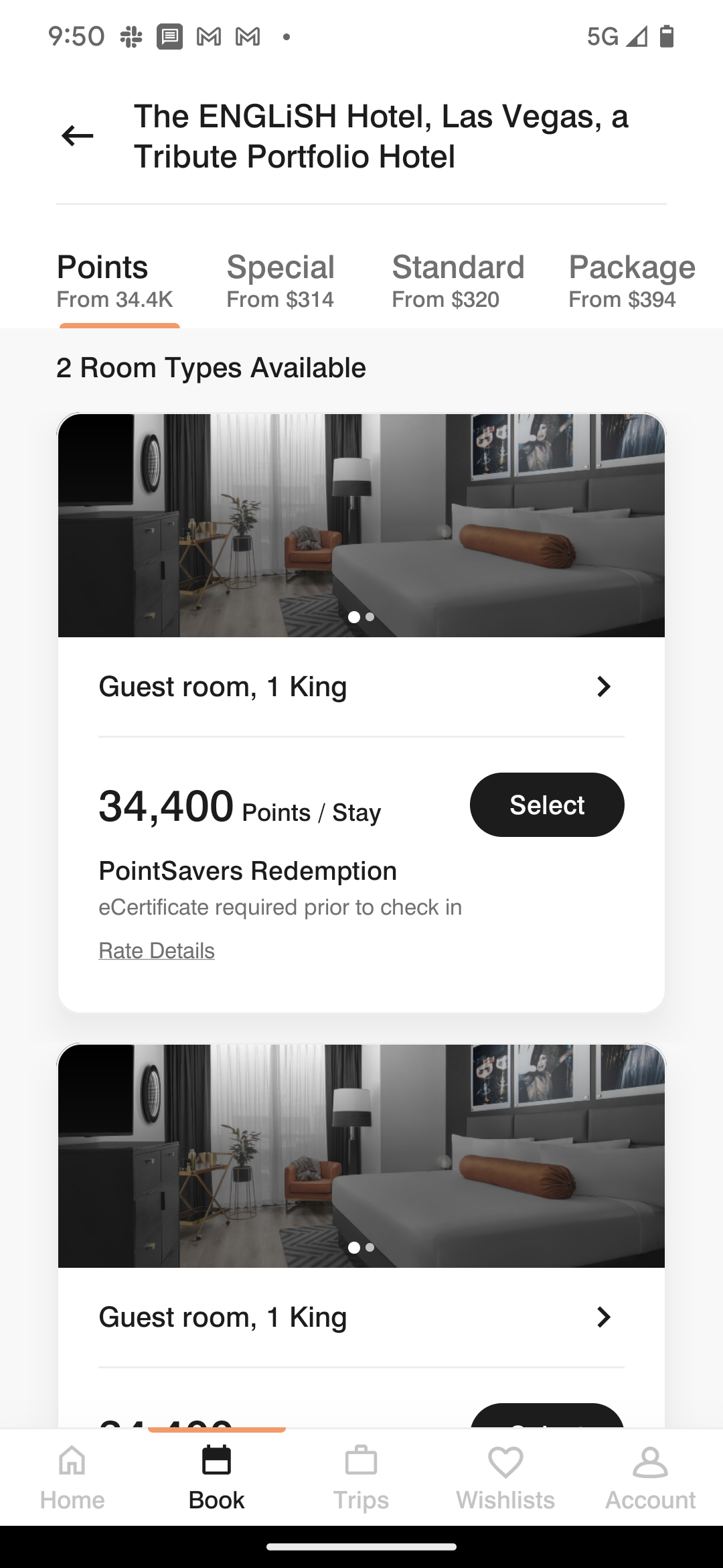 The English Hotel Las Vegas shows 34,400 points price when you click through to look at room types.