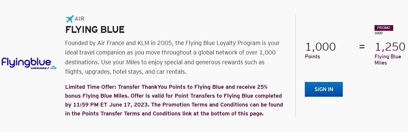 Citi ThankYou Air France KLM Flying Blue 25% transfer bonus