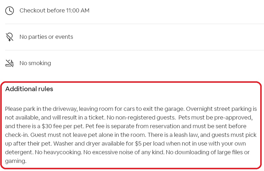 Example Airbnb pet requirement in the House Rules section