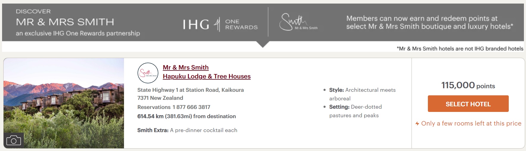 Hapuku Lodge & Treehouse a Mr & Mrs Smith property is shown here bookable for 115,000 IHG points per night