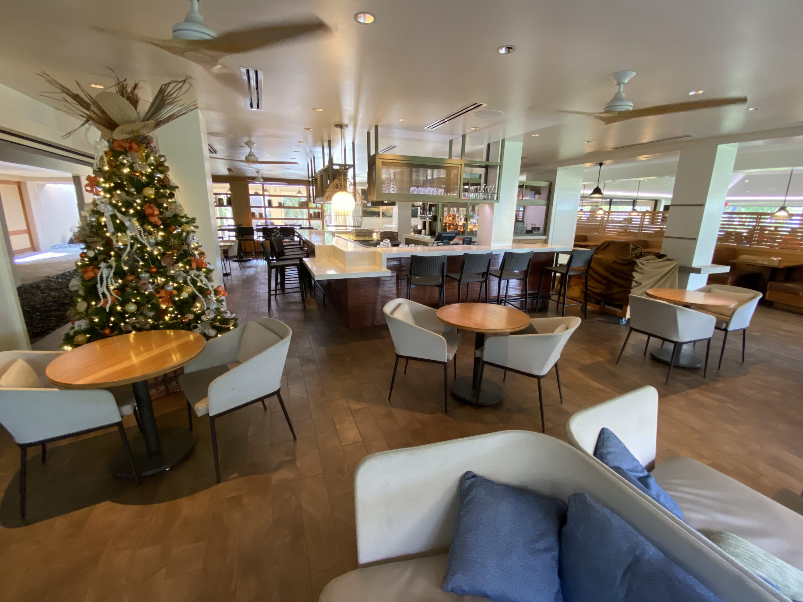 a room with tables and chairs and a christmas tree